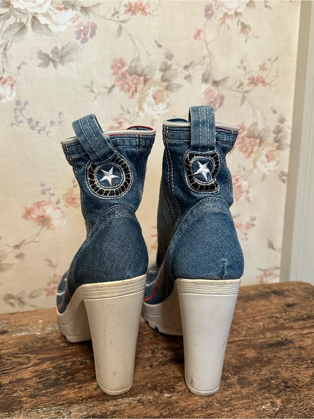 Upcycled Boots Platform Denim Y2K High Block Heel Size 39 - Picture 3 of 10